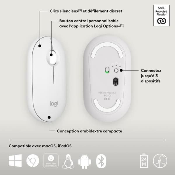 Logitech Pebble Mouse 2 M350s slimmad trådlös Bluetooth-mus, bärbar, lätt - Vit