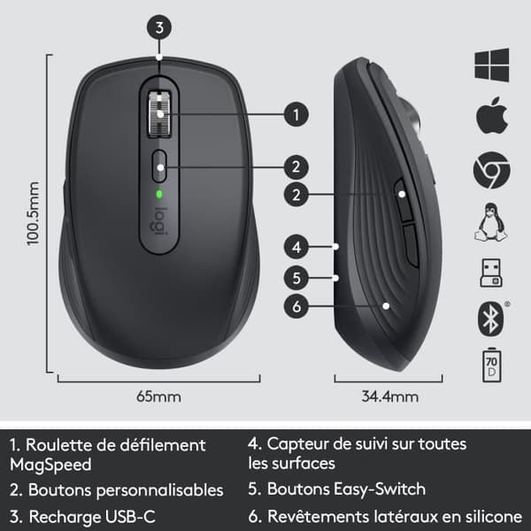 Trådlös mus - Logitech - MX Anywhere 3 - Ergonomisk - Bluetooth - USB - Grafit