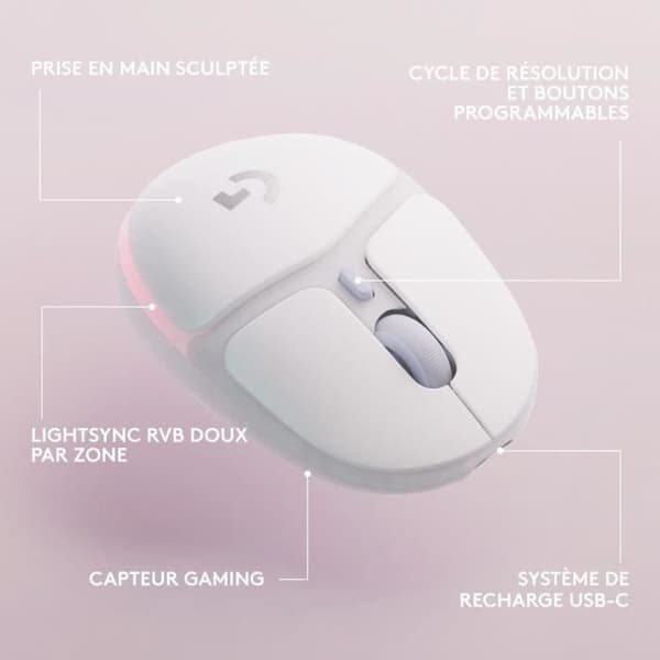 Gamingmus - Trådlös - Logitech G - G705 - Bakgrundsbelyst - Lätt - Vit