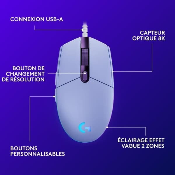 Spelmus - Trådbunden - LOGITECH G - G203 - LIGHTSYNC - RGB - USB - Lila
