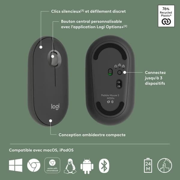 Logitech Pebble Mouse 2 M350s Slim Trådlös Bluetooth-mus, Bärbar, Lätt - Grafit