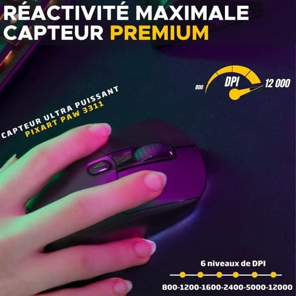 Tävlingsmässig spelmus - Trådbunden eller trådlös - The G-Lab - KULT-TITAN - RGB - 12000 DPI - Svart