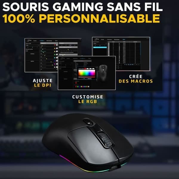 Tävlingsmässig spelmus - Trådbunden eller trådlös - The G-Lab - KULT-TITAN - RGB - 12000 DPI - Svart