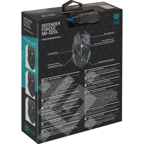 Defender Forced GM-020L, Ambidextrous, Optisk, USB, 3200 DPI, 16 g, Svart