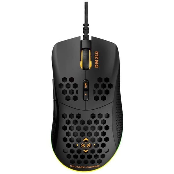 DELTACO GAMING DM210 optisk trådad spelmus - Svart - 7 knappar - 400/800/1200/3200/6400 dpi upplyst