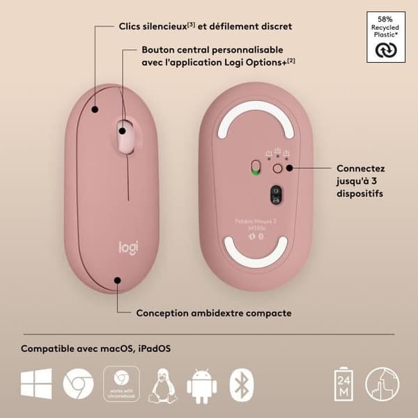 Mus - Trådlös - Logitech - Pebble Mouse 2 M350s - Rosa
