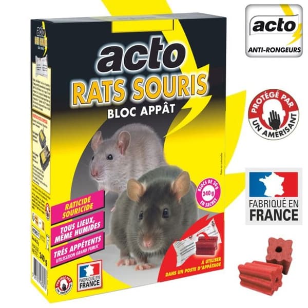 Rått- och musbete - ACTO - 12 block à 20 g - Mycket attraktivt - Effektiv gnagarbekämpning - Totalvikt 240 g