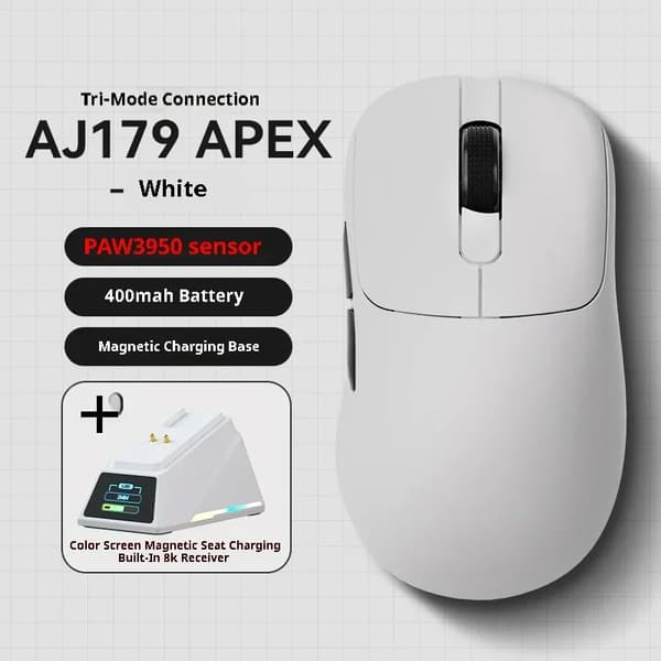 Trådlös Spelmus, PAW3950 Sensor, 400mAh Batteri,AJ179APEX Vit 8K