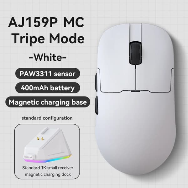 Trådlös Spelmus, PAW3311 Sensor, 400mAh Batteri, Uppladdningsbar,AJ159 P MC vit