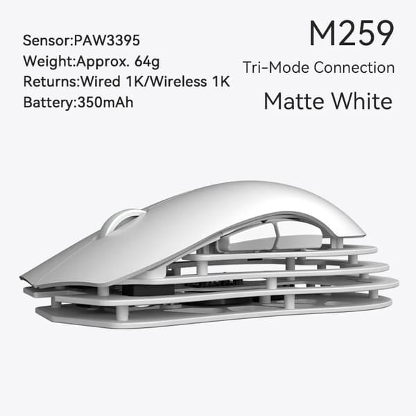 Trådløs Bluetooth-mus, sensor PAW3395, tri-mode forbindelse, ergonomisk design,HVID