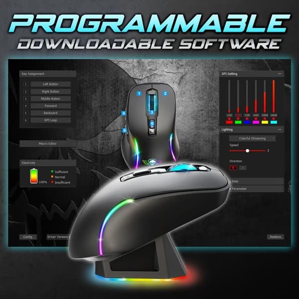 Trådlös mus med laddningsdocka - Svart - Gaming - ELITE-M50 - LED - Anpassningsbar - Programmerbara knappar