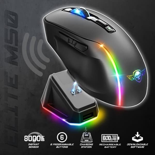 Trådlös mus med laddningsdocka - Svart - Gaming - ELITE-M50 - LED - Anpassningsbar - Programmerbara knappar Svart