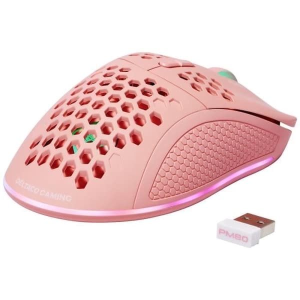 Rosa optisk radiospelmus - DELTACO GAMING PM80 - 7 knappar 4800 dpi upplyst, uppladdningsbar