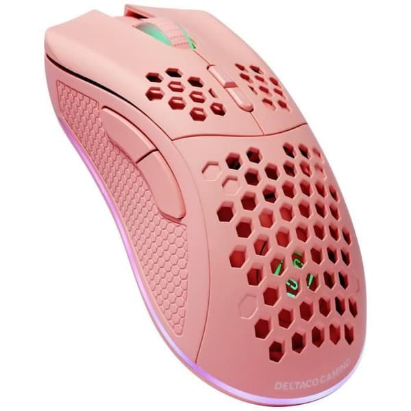 Rosa optisk radiospelmus - DELTACO GAMING PM80 - 7 knappar 4800 dpi upplyst, uppladdningsbar