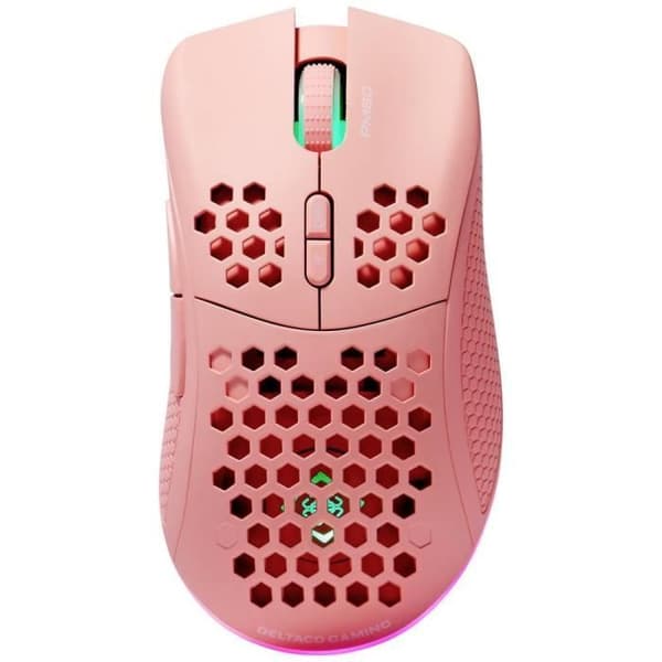 Rosa optisk radiospelmus - DELTACO GAMING PM80 - 7 knappar 4800 dpi upplyst, uppladdningsbar
