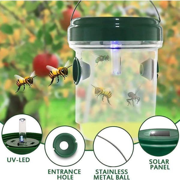 2 st Piége för getingar med solenergi och LED-ljus, insektsfällor, antihålsfälla för insekter med honung för bin, getingar och myggor