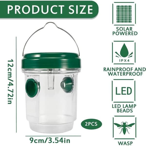 Pack med 2 hängande solfångare för getingar med LED-lampa, återanvändbara flugtraps och väddor för utomhus- och inomhusbruk.