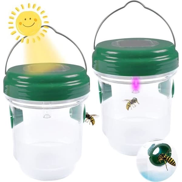 Pack med 2 hängande solfångare för getingar med LED-lampa, återanvändbara flugtraps och väddor för utomhus- och inomhusbruk.