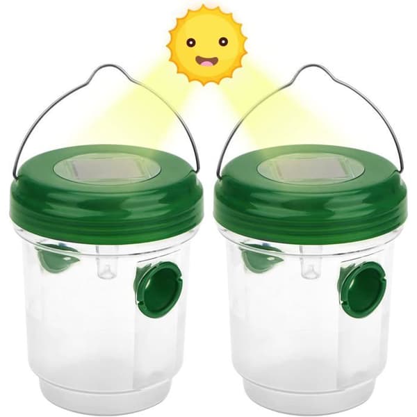 Set med 2 solcellsdrivna insektfällor med solenergi LED-lampa, hängande bi-fälla, getingfälla, levande getingfälla
