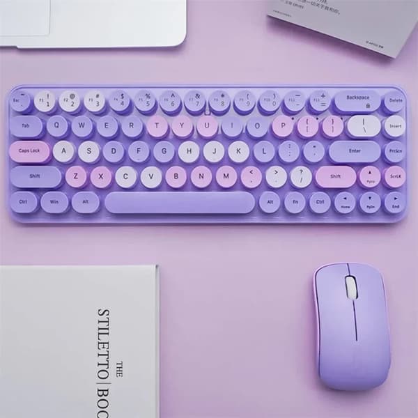 Trådløst Tastatur og Mus Combo, Ergonomisk Design, Retro Stil, 2.4G Trådløs Forbindelse,LILLA