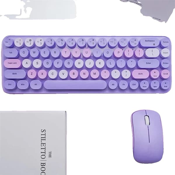 Trådløst Tastatur og Mus Combo, Ergonomisk Design, Retro Stil, 2.4G Trådløs Forbindelse,LILLA