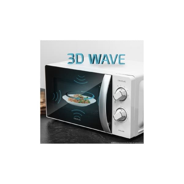 Cecotec Microwave oven with 20-litre capacity, 6 power levels, timer, and 3D wave technology.