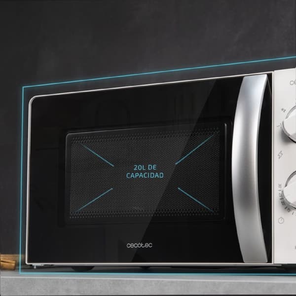 Cecotec 20-litre capacity microwave oven with grill function, 6 power levels, timer, and rotary control knob.
