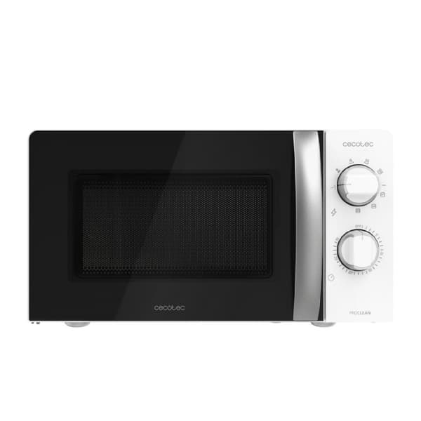 Cecotec 20-litre capacity microwave oven with grill function, 6 power levels, timer, and rotary control knob.