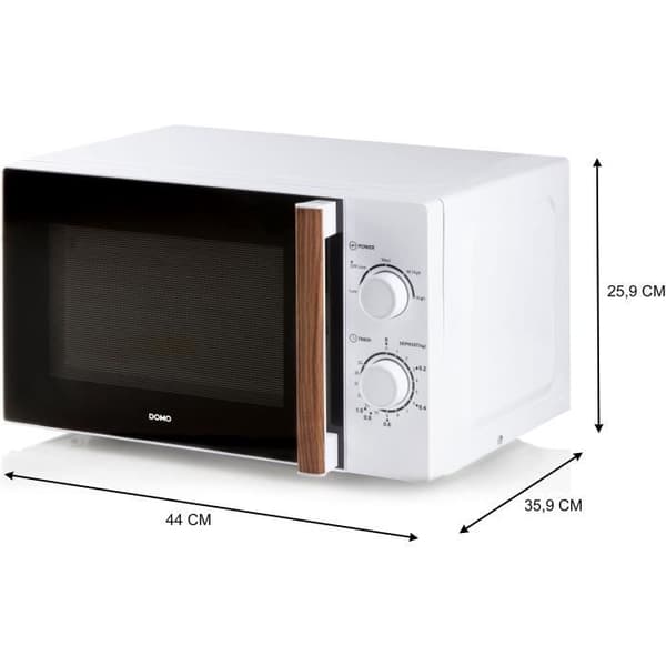 DOMO DO2720 mikrovågsugn - 20L - 700W - 35 min timer - Avfrostningsfunktion - L44 x D35,8 x H 25,8 cm - Vit träfinish