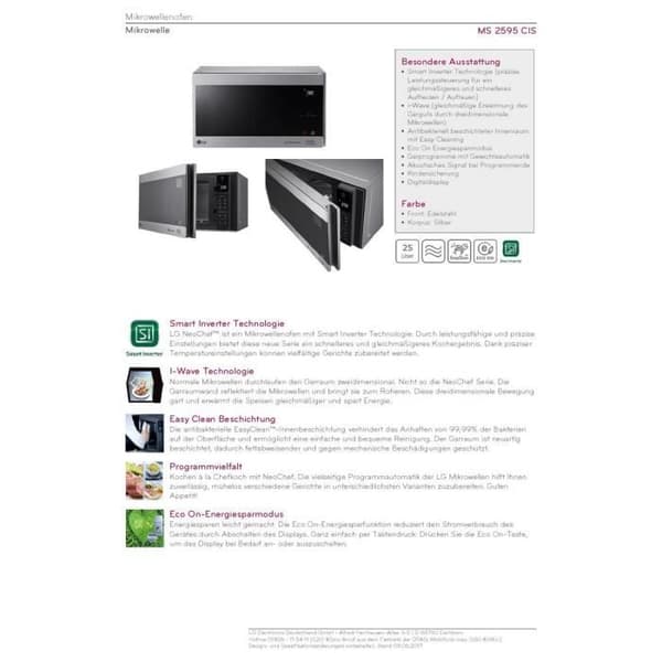 LG bänkskiva mikrovågsugn MS2595CIS - 25 L - 1000 W - Silver