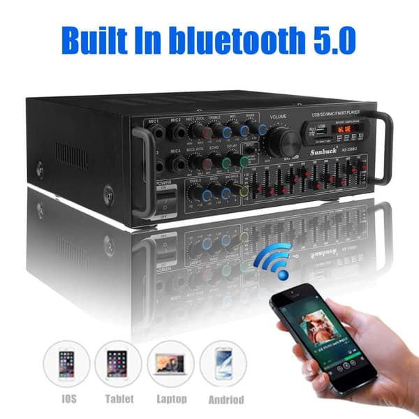 Sunbuck hi-fi forstærker 2000 watt stereo effektforstærker 2-kanals forstærker bluetooth 5.0 audio stereo effektforstærker