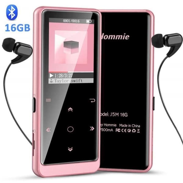 16GB MP3 Bluetooth 4.0 Metall med pekknappar HiFi Musik FM Radio Sport Stöder Micro SD-kort upp till 128G, Rosa