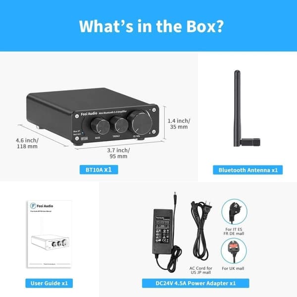 Fosi Audio BT10A Bluetooth 5.0 Stereo Audio Amplifier Receiver 2 Channel Class D Mini Hi-Fi integreret forstærker til passive hjemmehøjttalere 50W x 2