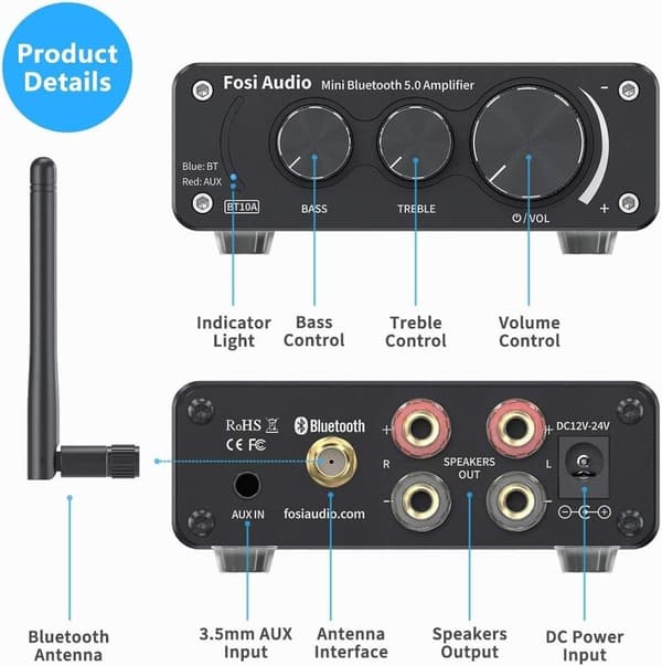 Fosi Audio BT10A Bluetooth 5.0 Stereo Audio Amplifier Receiver 2 Channel Class D Mini Hi-Fi integreret forstærker til passive hjemmehøjttalere 50W x 2