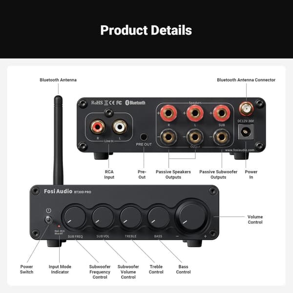 Fosi Audio Hi-Fi Bluetooth 5.0 stereoäänivastaanotinvahvistin 2.1-kanavainen Mini-luokan D integroitu vahvistin 2x165W