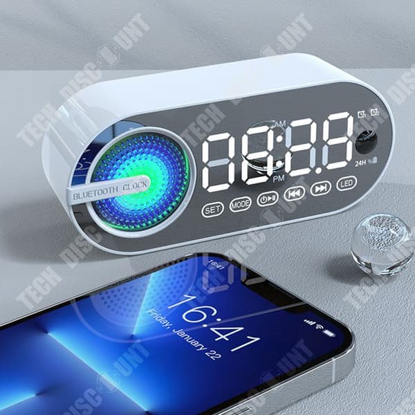 TD® Bluetooth Audio Mirror Klocka Väckarklocka Stereo Färgglada Ambient Lights Subwoofer Bärbar present Bluetooth-högtalare