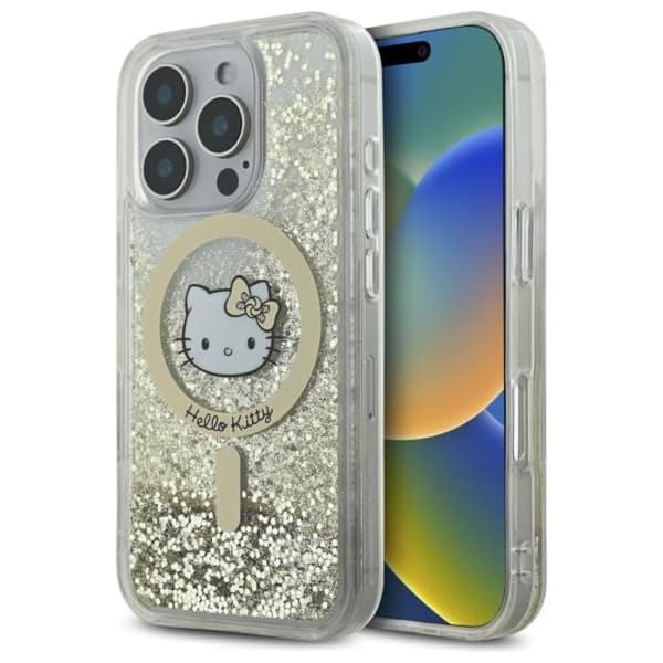 Hello Kitty Liquid Glitter Fever MagSafe - Fodral för iPhone 16 Pro (vit/guld)