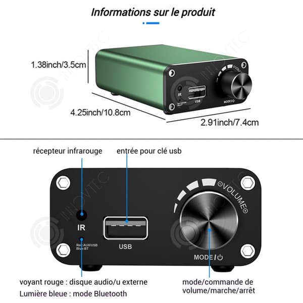 INN Förstärkare 10,8 x 7,4 x 3,5 cm 270 g 2 metoder för Bluetooth 5.3 utgångsanslutning högupplöst ljud hifi förstärkare