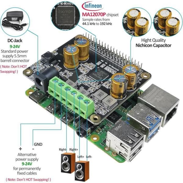Innomaker HIFI AMP PRO Förstärkare HiFi 2x40W Klass D Hat MA12070P 48KHz/24bit Volumio Max2Play Raspbian Bluetooth Streaming R