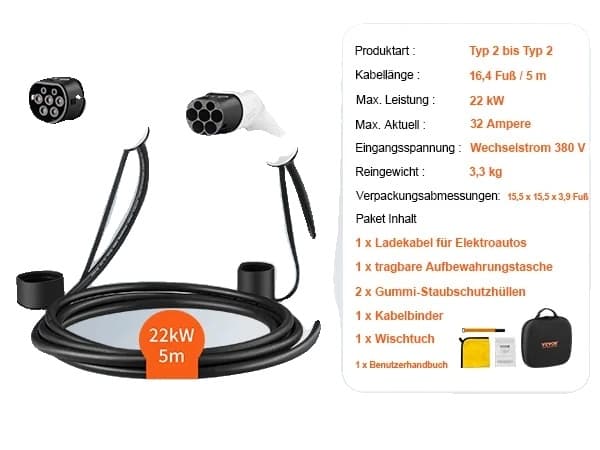 Sähköauton latauskaapeli, 36KW/16A, kannettava, 11kW 16A-5m