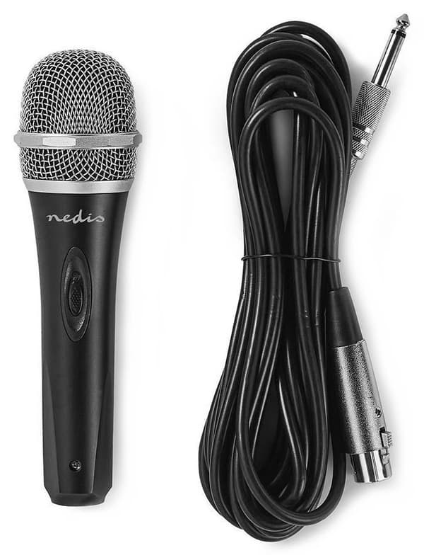 NEDIS kabelový mikrofon/ Kardioid/ odnímatelný kabel 5m/ 600 Ohm/ -72dB/ jack 6.35 mm/ vypínač/ pouzdro/ kov/ černo-šedý