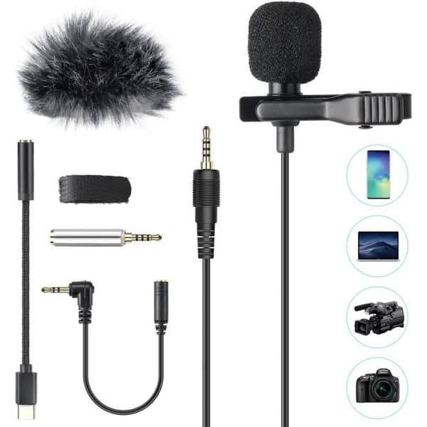 PC-mikrofon 3,5 mm ljuduttag med klämma och vindruta, 2 m mini rundstrålande kondensor Lavalier-mikrofon med 2 adapter