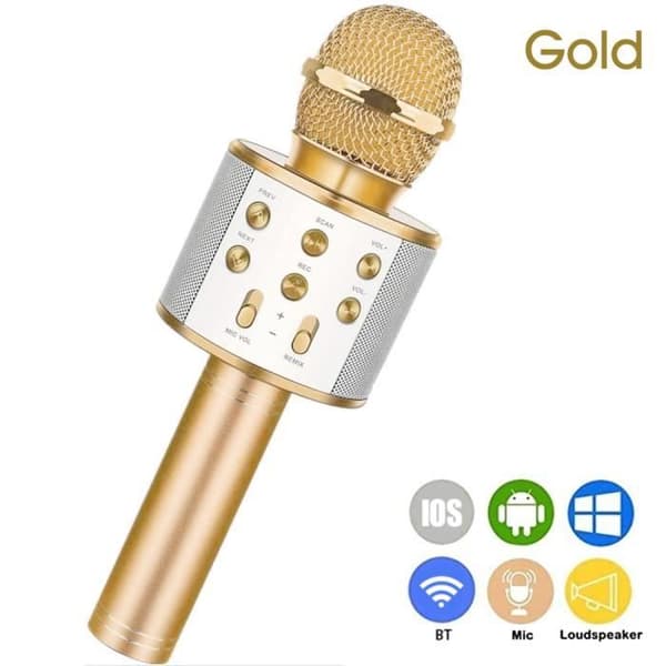 Guld trådlös handhållen mikrofon - WS-858 - Karaoke - Högtalare - Selfie - Uppladdningsbar