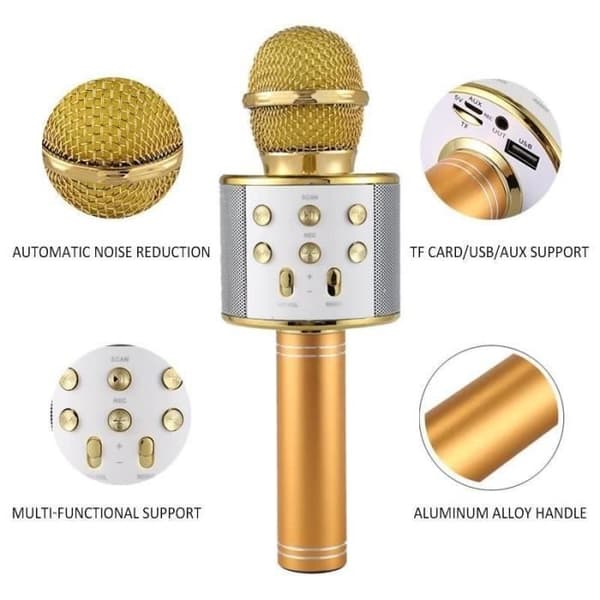 MAX KM01 - Karaokemikrofon Trådlös Bluetooth-mikrofon - Guld, inbyggd högtalare, röstväxlarmikrofon och eko