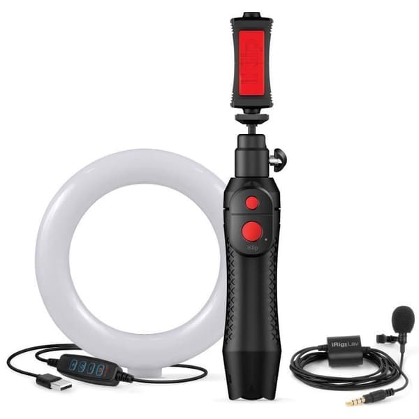 IK Multimedia iRig Video Creator Bundle - Smartphone Video/Streaming Kit med Lavalier-mikrofon, 6'-belysning och minigrepp/stativ