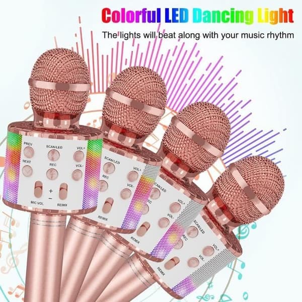 Trådlös karaokemikrofon, karaokemikrofon för barn med dansande LED-ljus, Bluetooth-mikrofon för barn, rosa