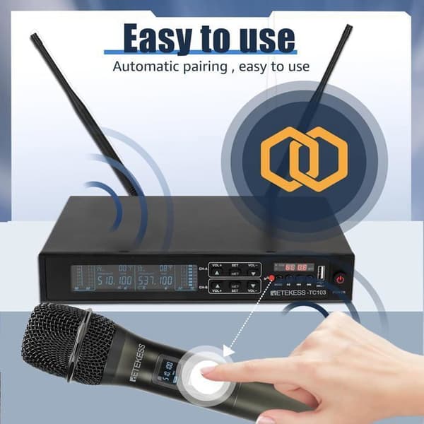 Retecess TC103 Professional trådlös mikrofon, 90 m räckvidd, automatisk ihopparning, lämplig för karaoke, bröllop, konferenser, DJ