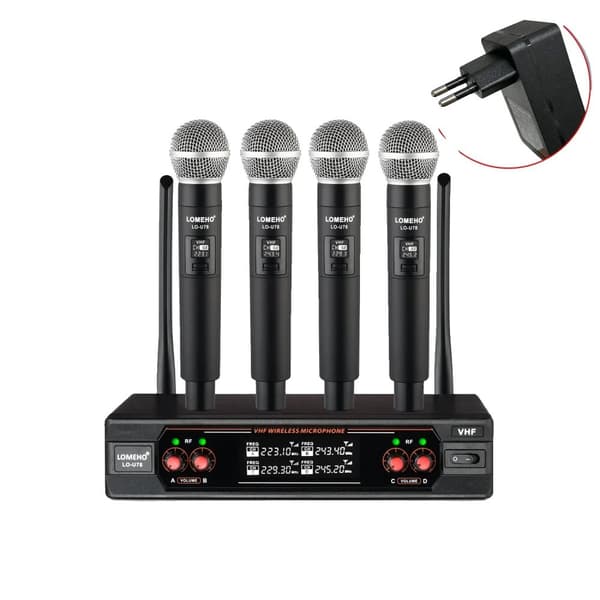VHF Trådlöst Mikrofonsystem, 4 Handhållna Mikrofoner, 30m Räckvidd,EU-kontakt