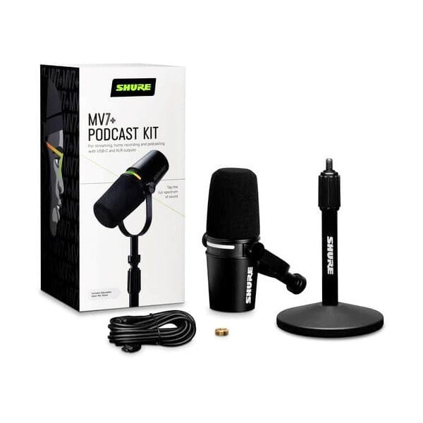 Shure MV7+-K-BNDL - puhuja-/laulumikrofoni XLR/USB-C-liitännällä, musta + pöytäteline GATOR
