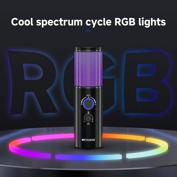 Retekess TG101 Mikro Podcast, Mikro Gaming, 96 DB Rapport Signal på Buller, 7 RGB-belysningar, Micro USB, Kompatibel med datorer, PS4